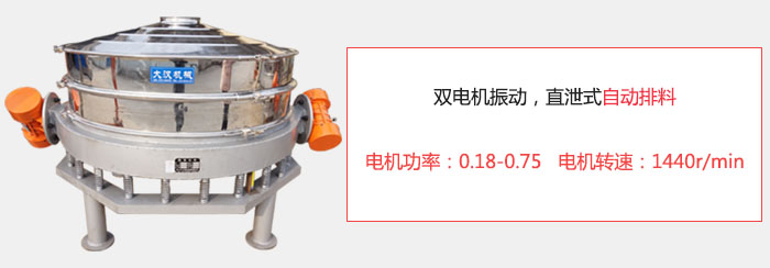 雙電機振動，直泄式自動排料電機功率：0.18-0.75   電機轉(zhuǎn)速：1440r/min。