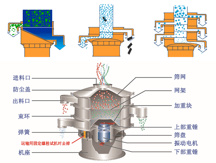 不銹鋼旋振篩結(jié)構(gòu)展示：篩網(wǎng)，出料口，束環(huán)，彈簧，防塵蓋，機(jī)座等